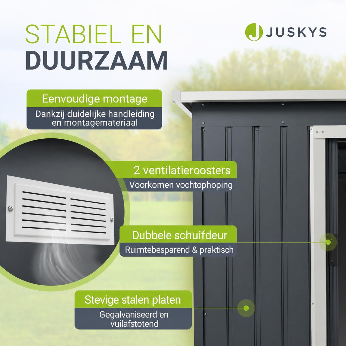 Metalen tuinhuis – verzinkt staal, lessenaarsdak, afsluitbaar