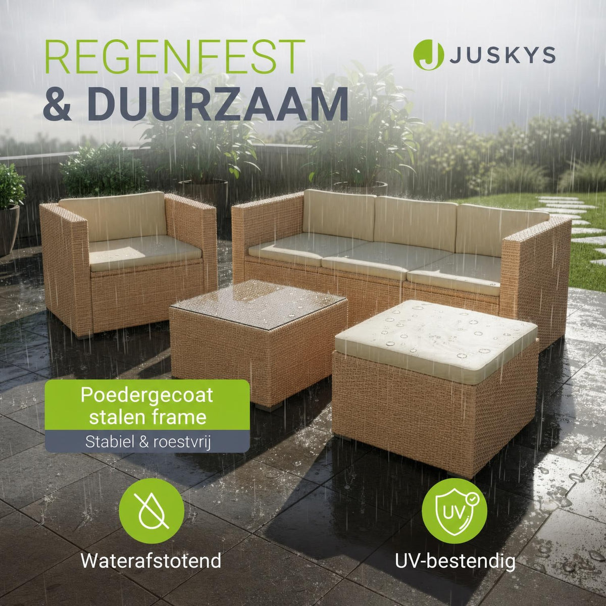 Wicker loungeset Punta Cana – 3 personen, bank met glazen tafel
