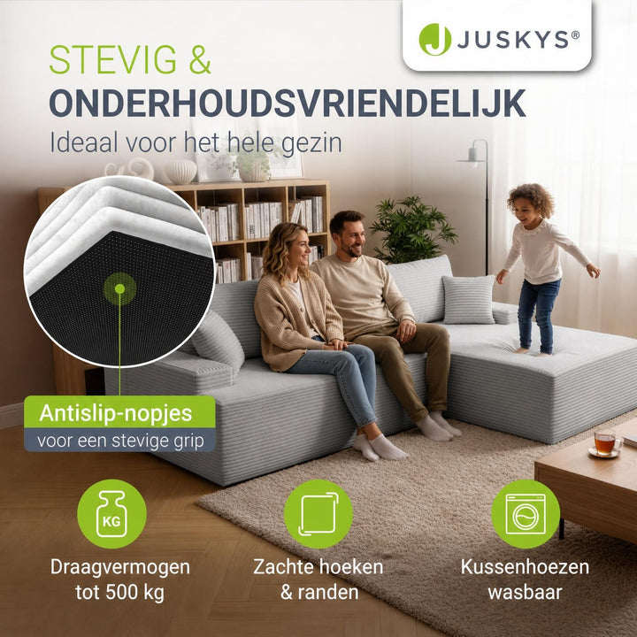 Hoekbank Coredo van ribstof – met ottomane en sierkussens