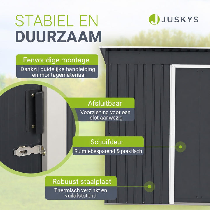 Metalen tuinhuis – verzinkt staal, lessenaarsdak, afsluitbaar