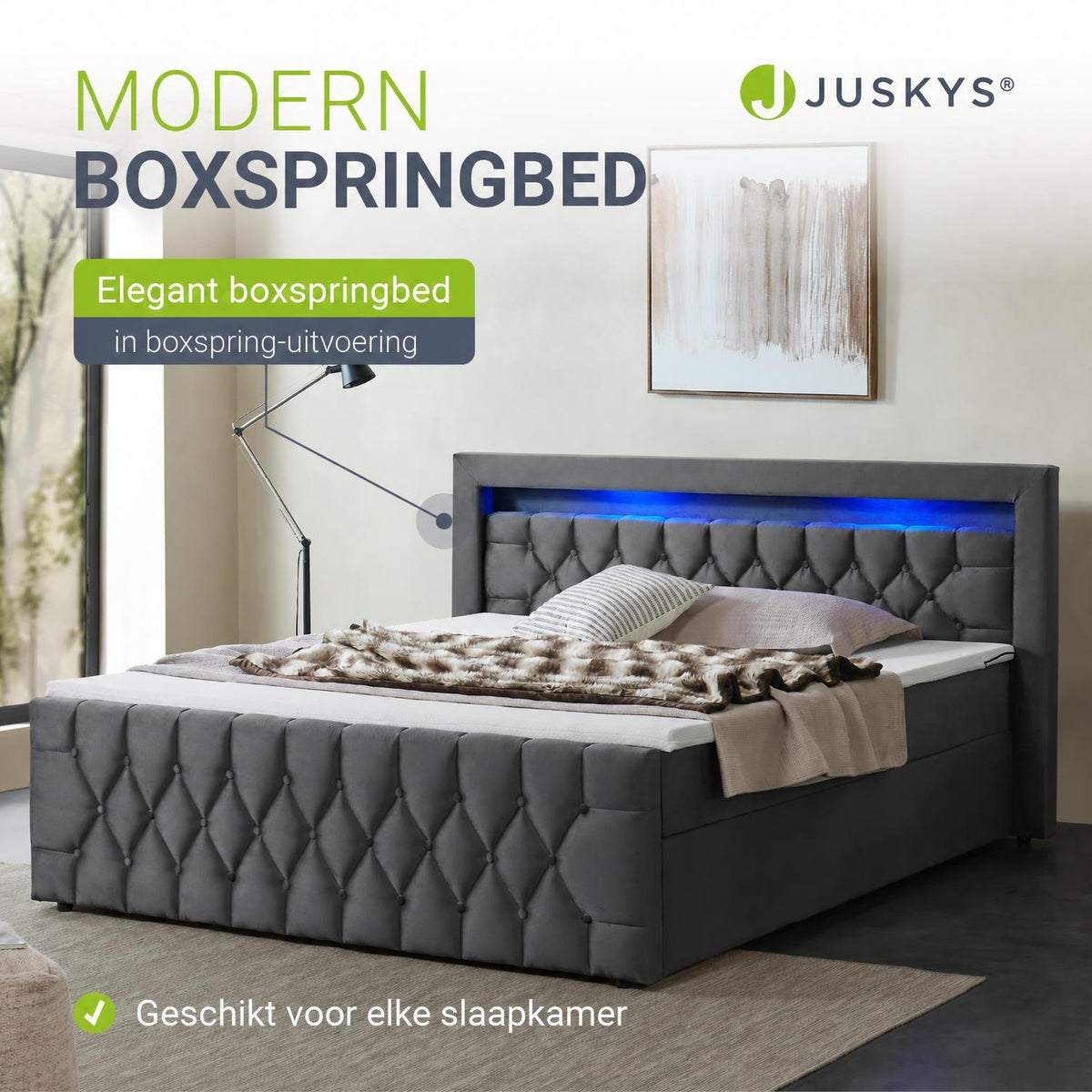 Boxspring Leona – fluweel, H4-binnenvering, topper en ledlicht