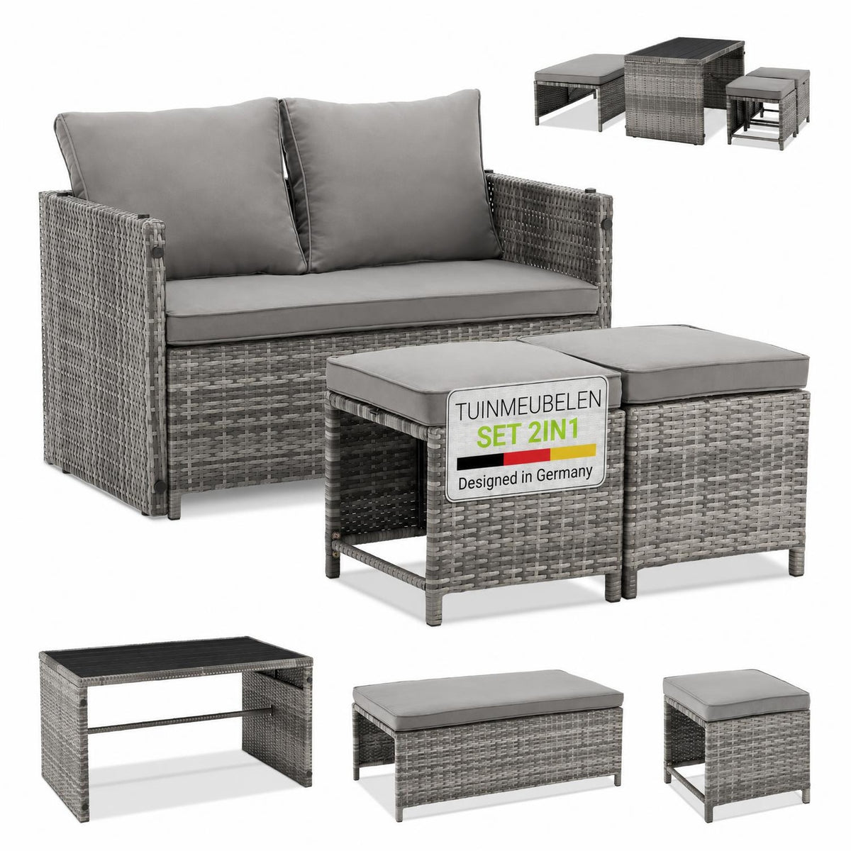 Wicker tuinset Jamaika 2-in-1 – voor 2 tot 4 personen, grijs