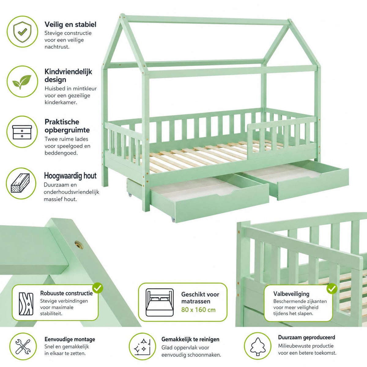 Kinderbed Marli 80x160 cm met bedlade – huisbed, wit