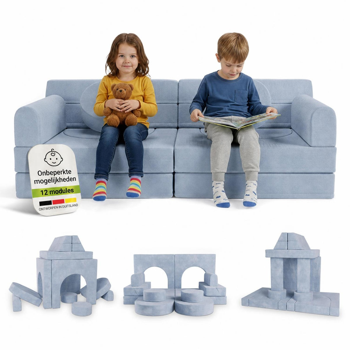 Speelbank Kayo van ribstof – modulair, met kussens, beige