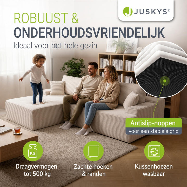 Hoekbank Coredo van ribstof – met ottomane en sierkussens