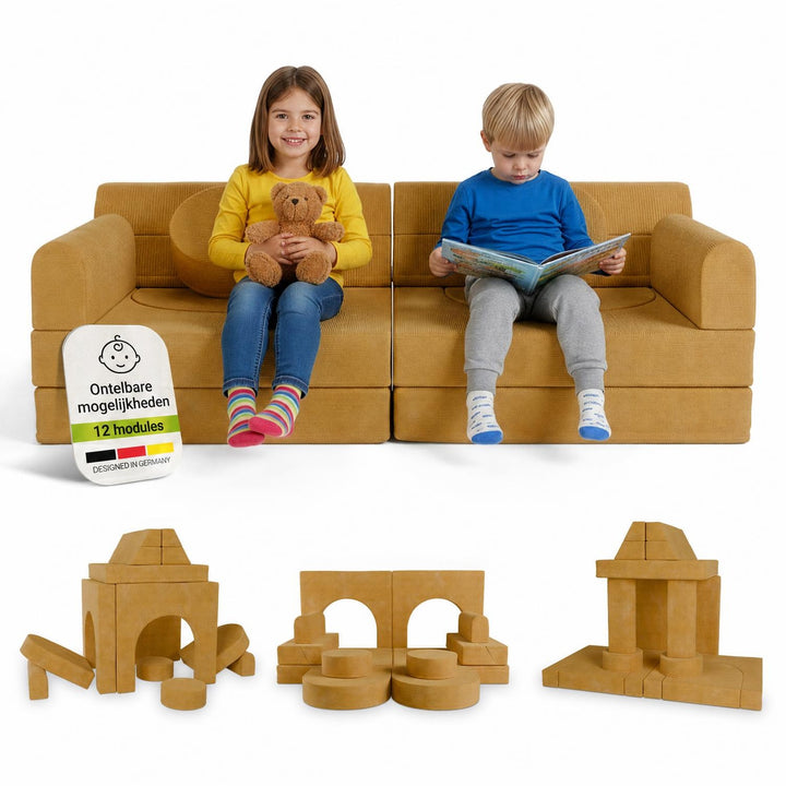 Speelbank Kayo van ribstof – modulair, met kussens, beige