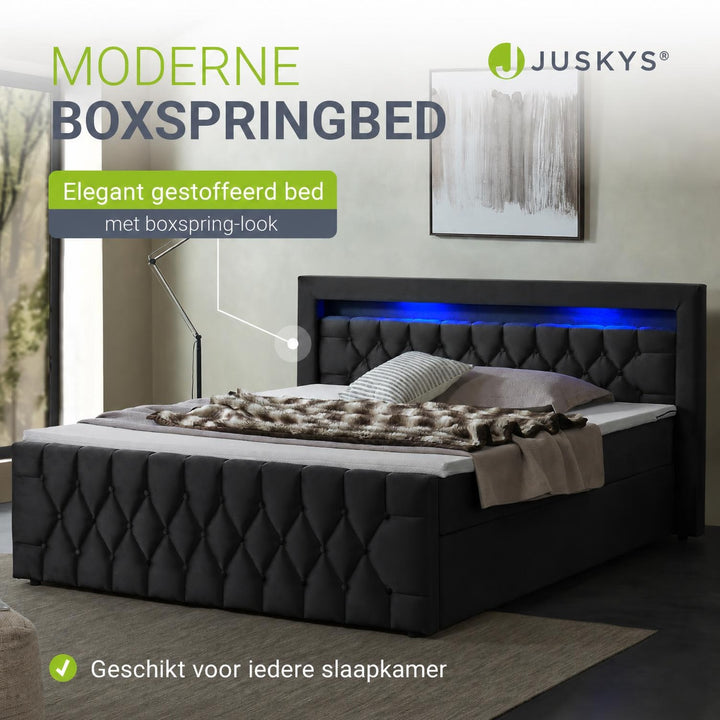 Boxspring Leona – fluweel, H4-binnenvering, topper en ledlicht
