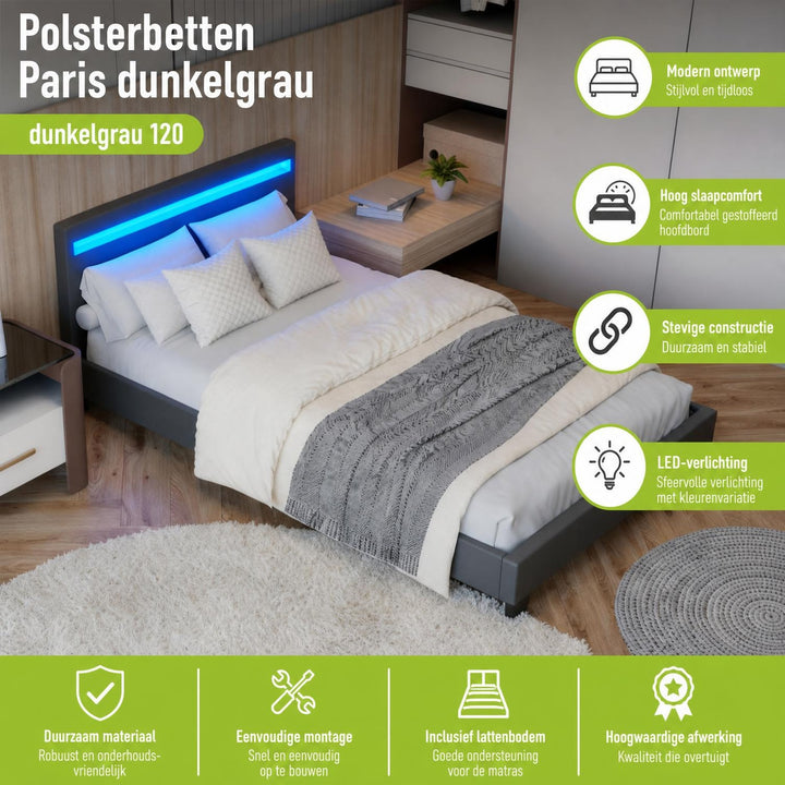 Gestoffeerd bed Paris 140x200 cm – wit, met LED en lattenbodem