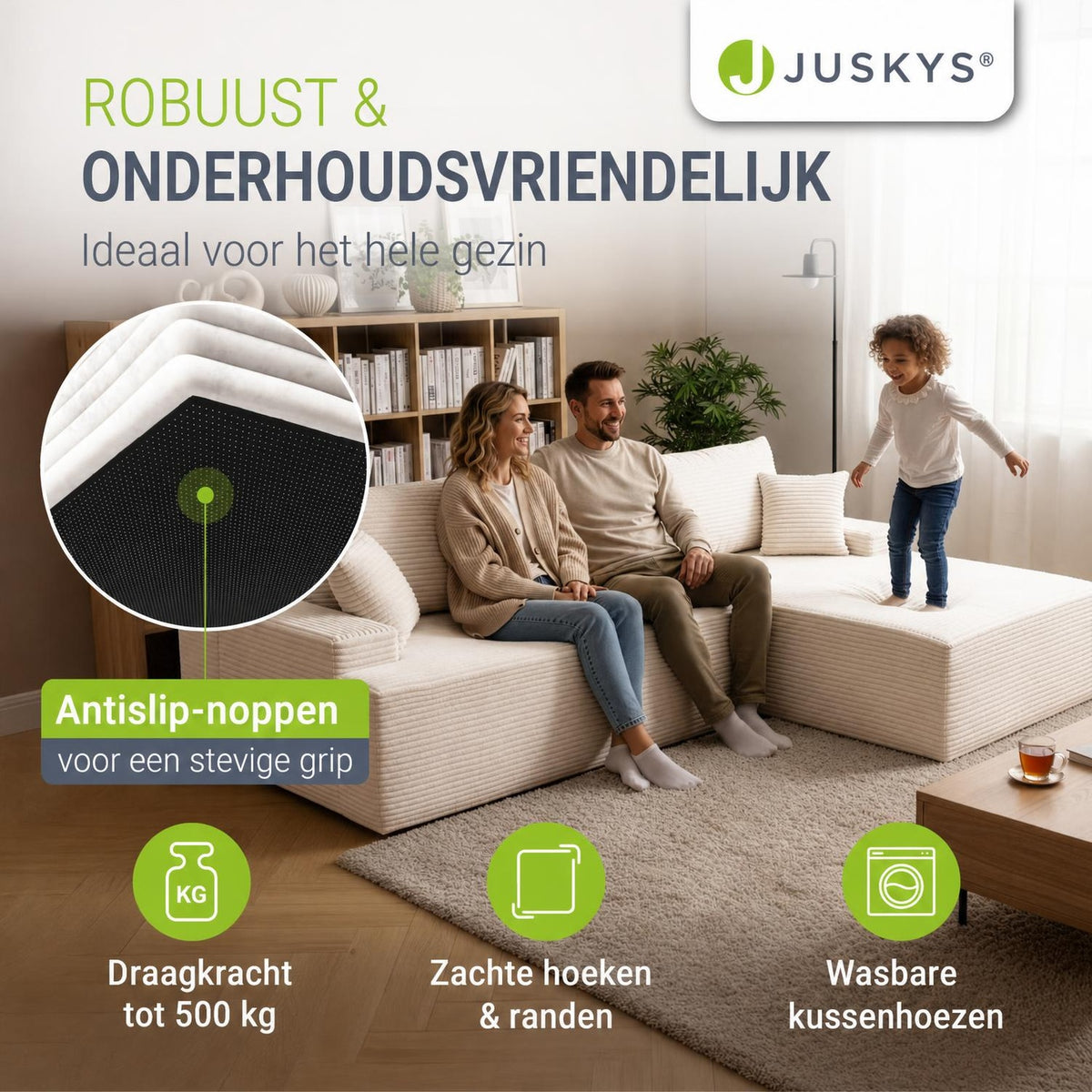 Hoekbank Coredo van ribstof – met ottomane en sierkussens