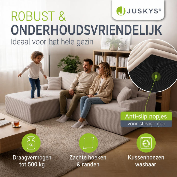 Hoekbank Coredo van ribstof – met ottomane en sierkussens