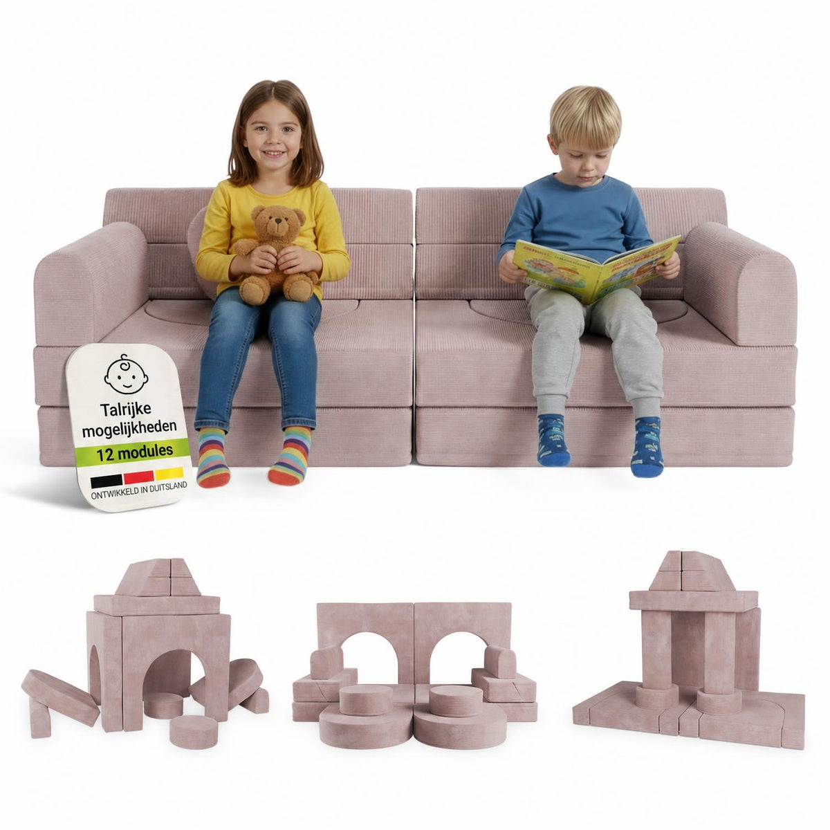 Speelbank Kayo van ribstof – modulair, met kussens, beige