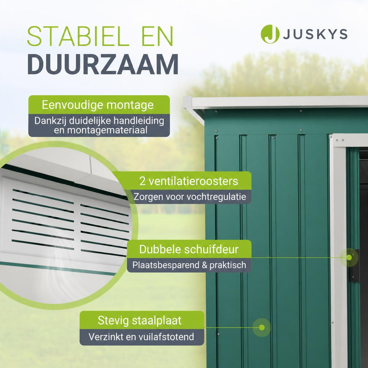 Metalen tuinhuis – verzinkt staal, lessenaarsdak, afsluitbaar