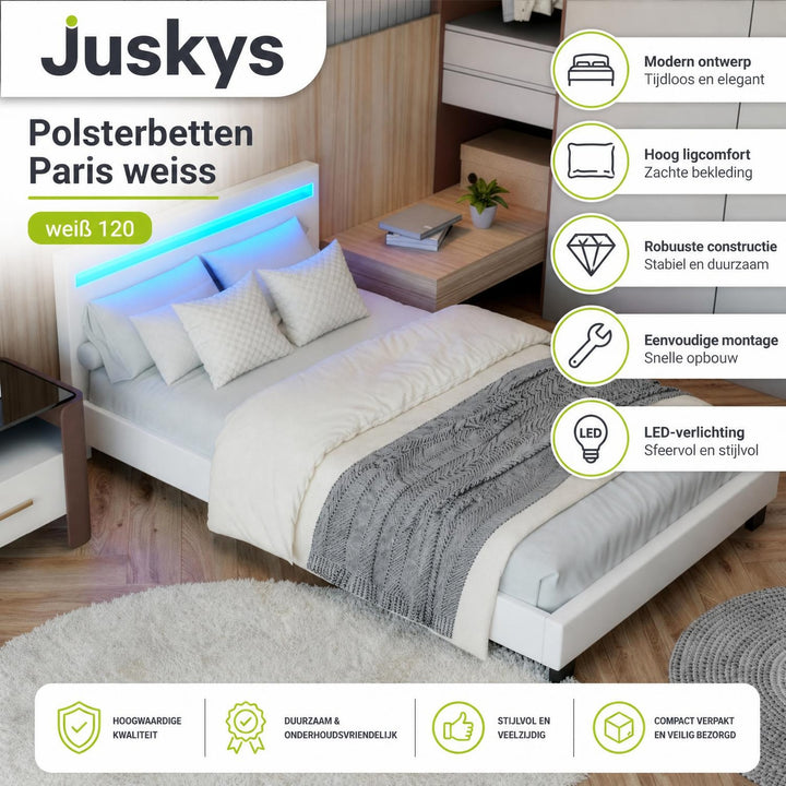 Gestoffeerd bed Paris 140x200 cm – wit, met LED en lattenbodem