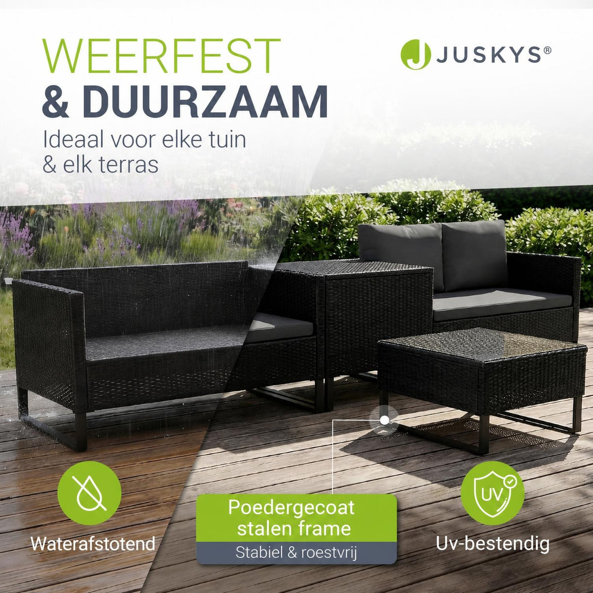 Wicker loungeset Santorini – 4 personen, modulair, kussenbox