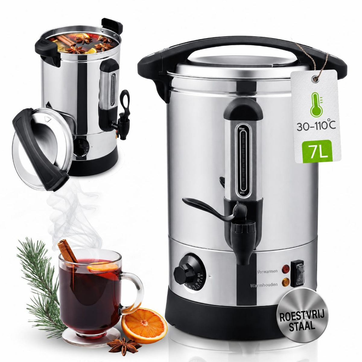 Glühweinketel Teramo – 7 of 10 liter, rvs, 30-110 °C