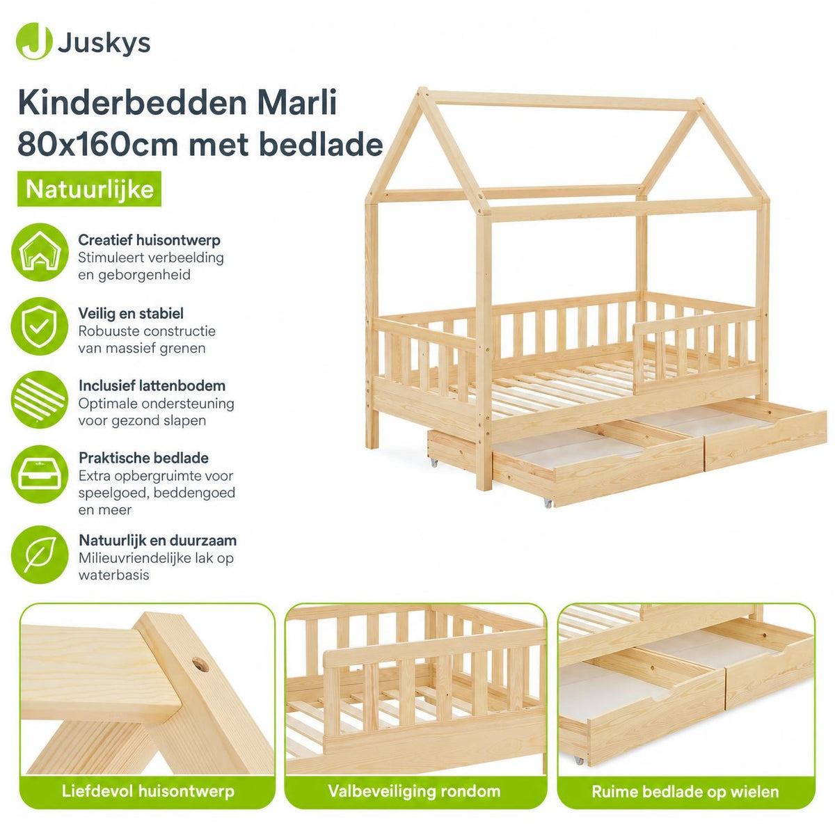 Kinderbed Marli 80x160 cm met bedlade – huisbed, wit