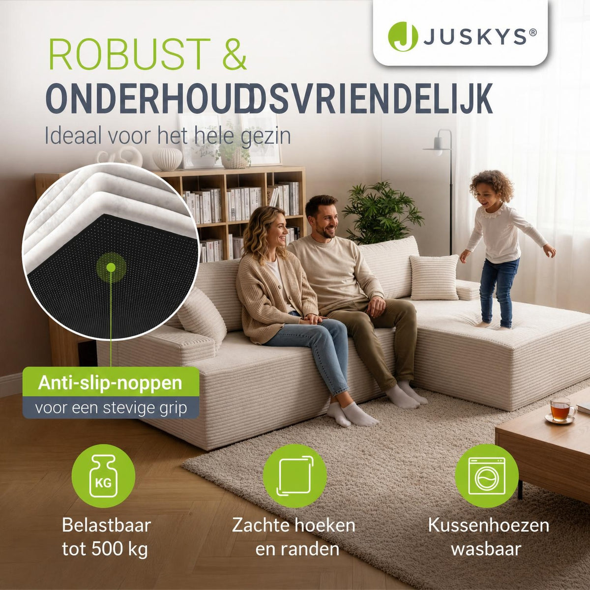 Hoekbank Coredo van ribstof – met ottomane en sierkussens