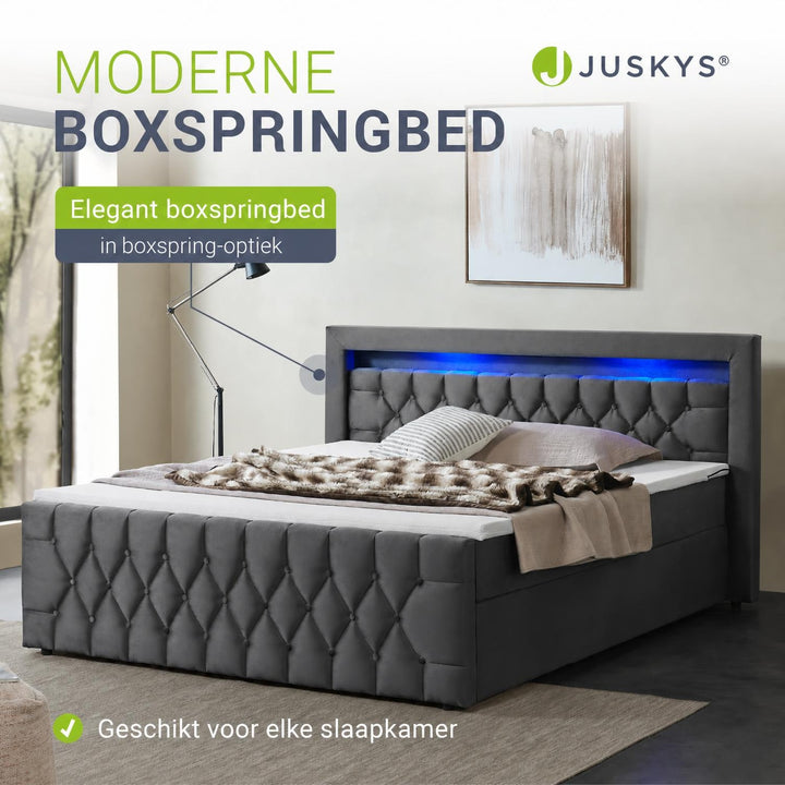 Boxspring Leona – fluweel, H4-binnenvering, topper en ledlicht