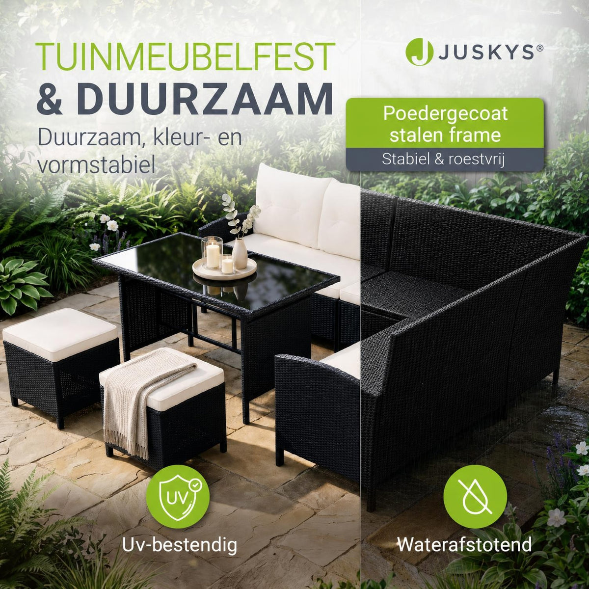Wicker loungeset Manacor – 8 personen, hoekbank met 2 krukken