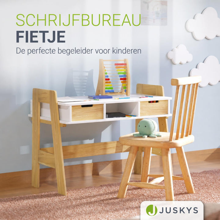 Kinderbureau Fietje – in hoogte verstelbaar, 2 lades, wit