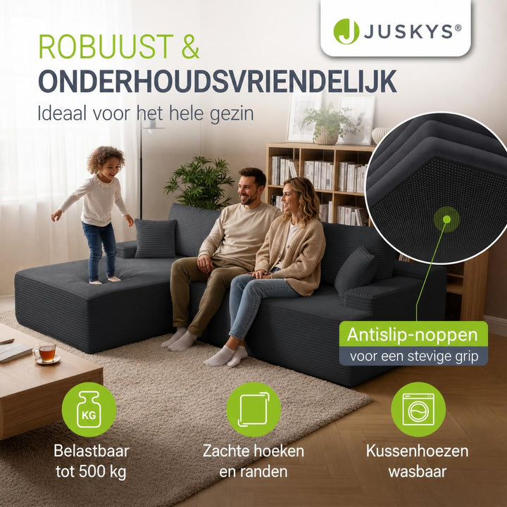 Hoekbank Coredo van ribstof – met ottomane en sierkussens