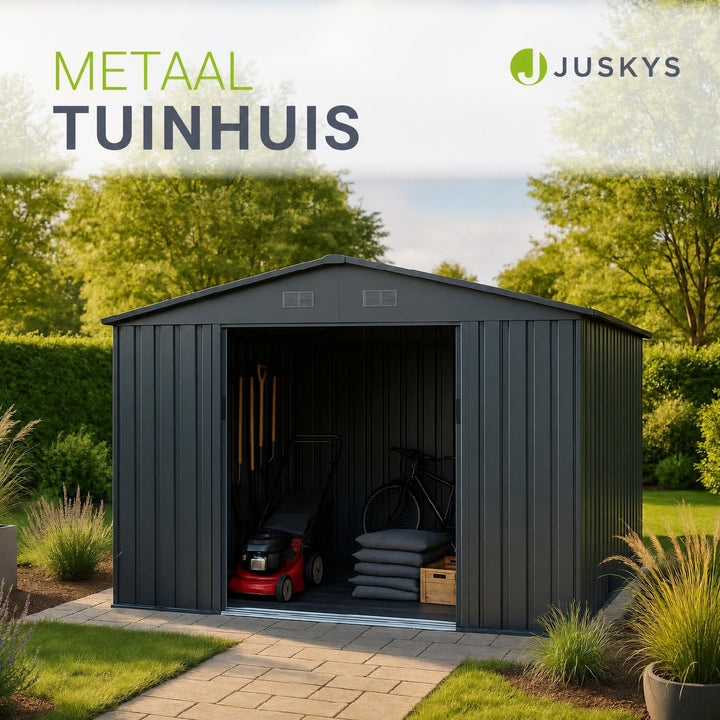 Metalen tuinhuis – verzinkt staal, lessenaarsdak, afsluitbaar