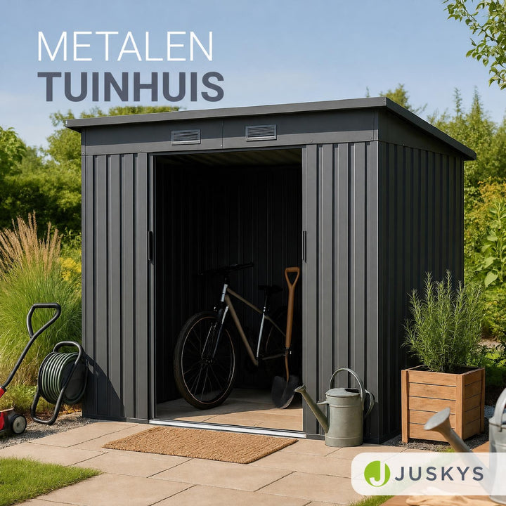 Metalen tuinhuis – verzinkt staal, lessenaarsdak, afsluitbaar
