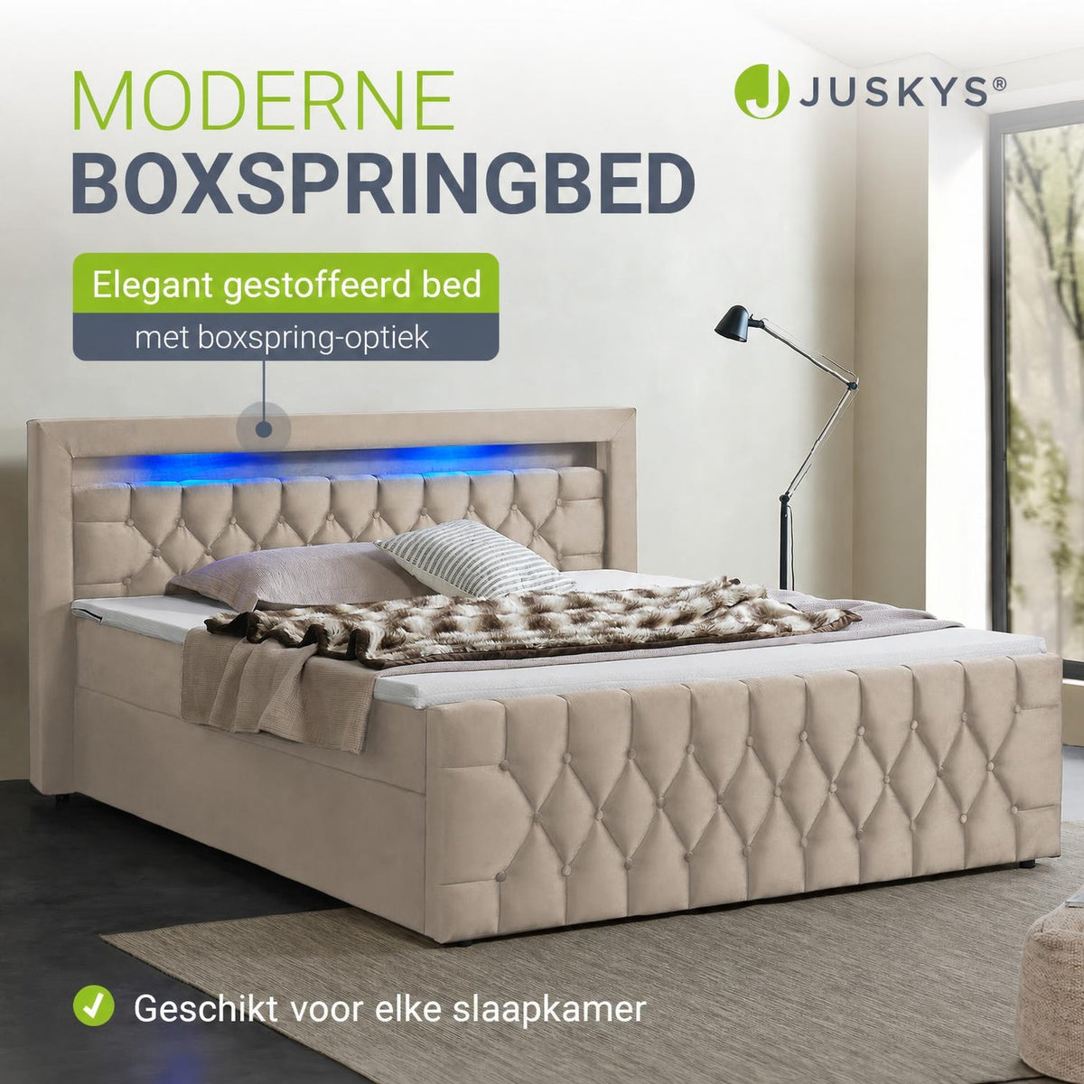 Boxspring Leona – fluweel, H4-binnenvering, topper en ledlicht