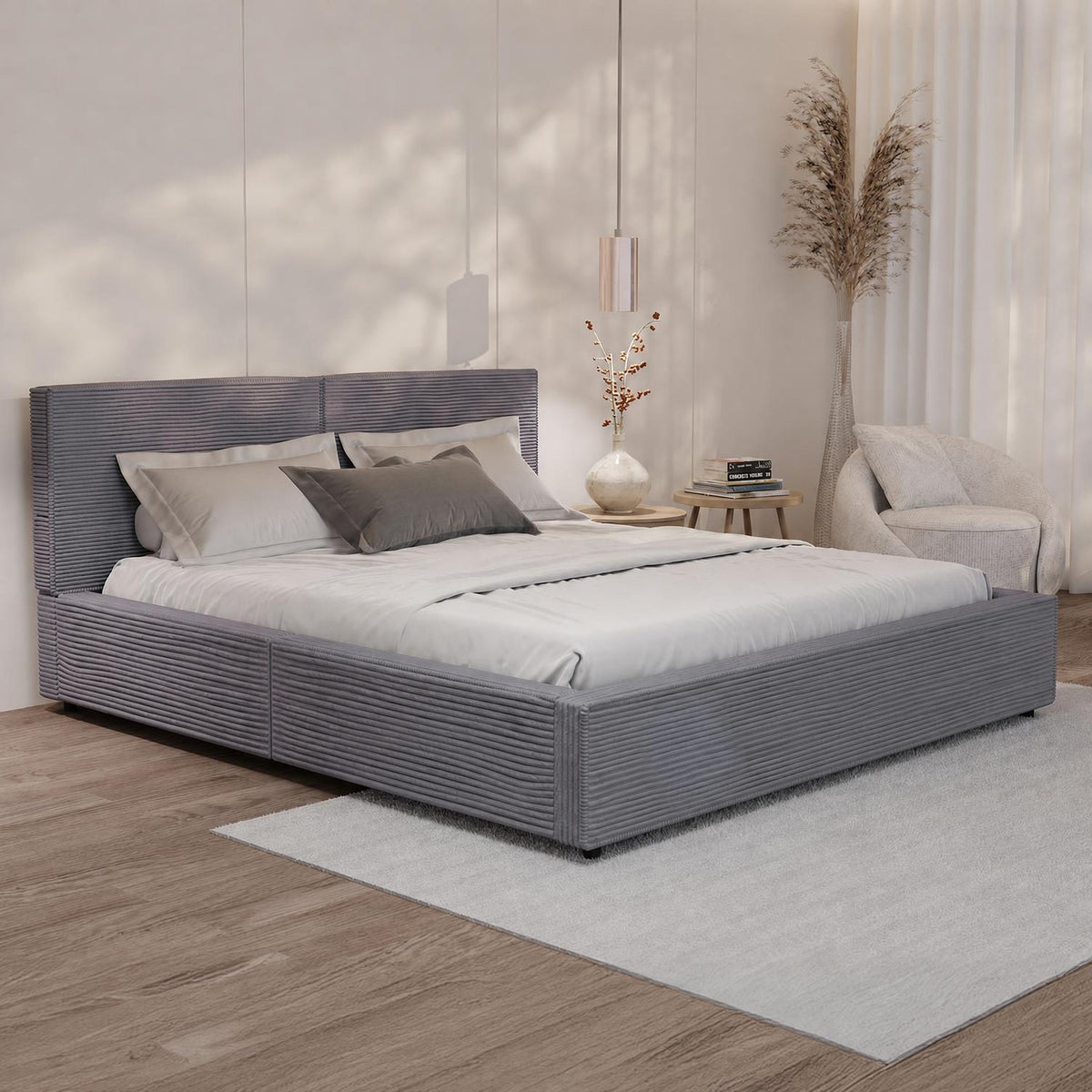 Gestoffeerd bed Salerno 180x200 cm – ribstof, beige