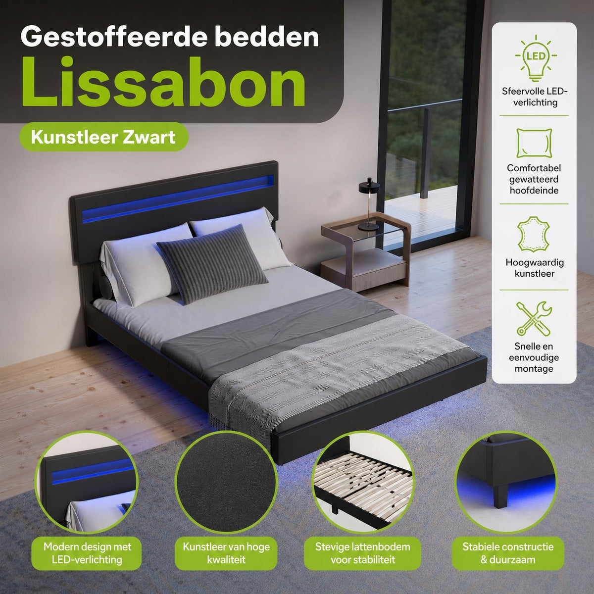 Zwevend bed Lissabon 140x200 cm – kunstleerlook met LED
