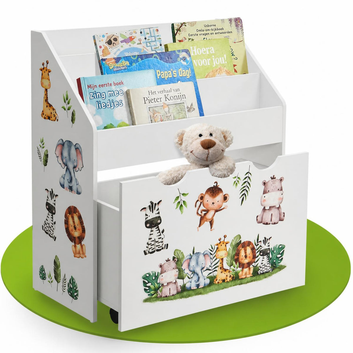 Kinderboekenkast – 3 vakken en uittrekbare speelgoedkist, hout