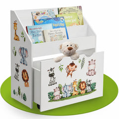 Kinderboekenkast – 3 vakken en uittrekbare speelgoedkist, hout
