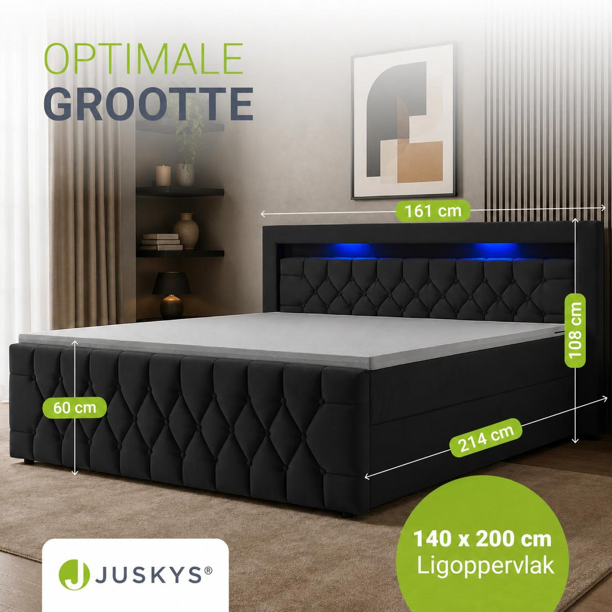 Boxspring Leona – fluweel, H4-binnenvering, topper en ledlicht