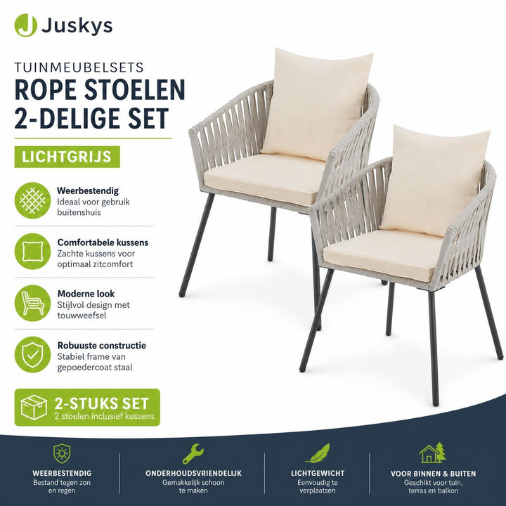Rope tuinstoelen – set van 2, gevlochten touw met dikke kussens
