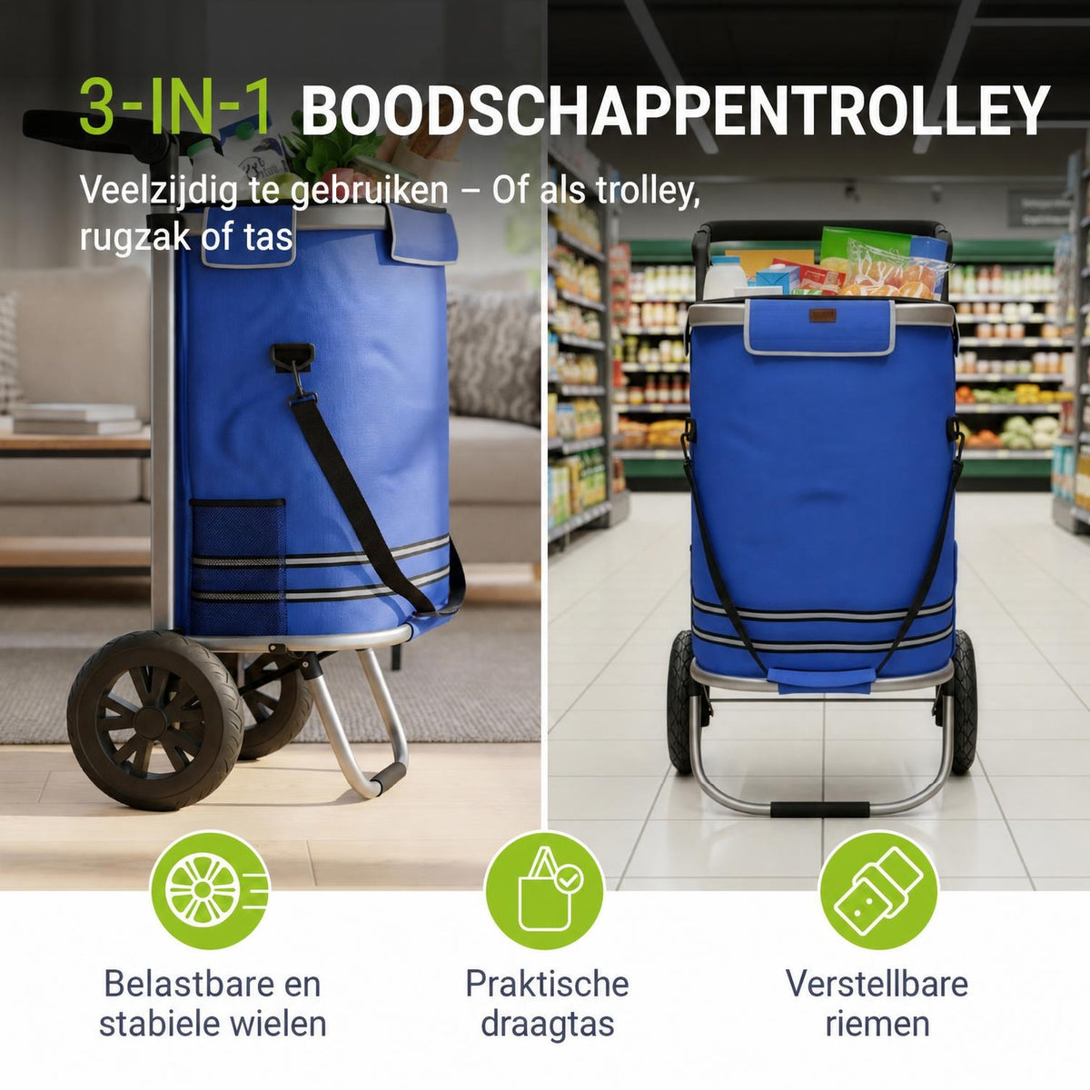 Boodschappentrolley 3-in-1 – 56 liter, draagvermogen 30 kg
