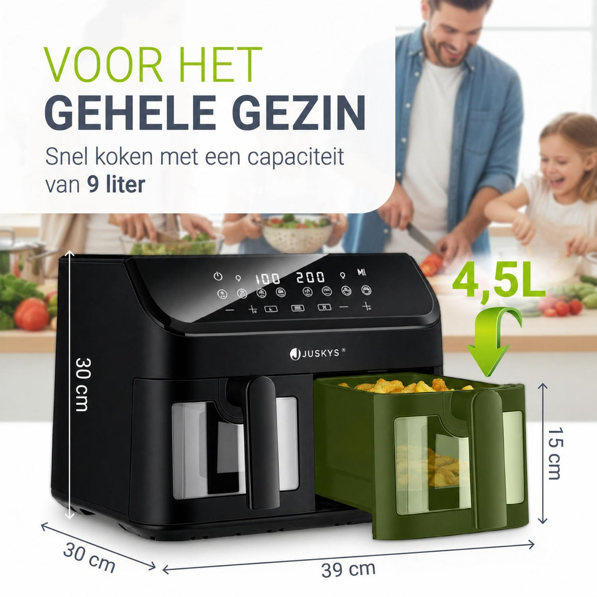 Airfryer 9 liter met dubbele mand – 9 programma's, antiaanbaklaag