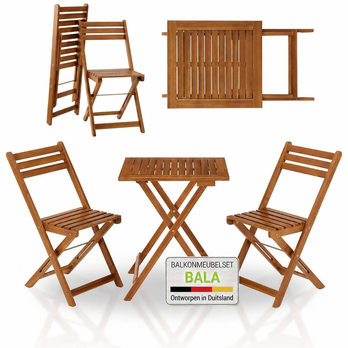 Balkonset Bala – 3-delig acaciahout, tafel en 2 stoelen