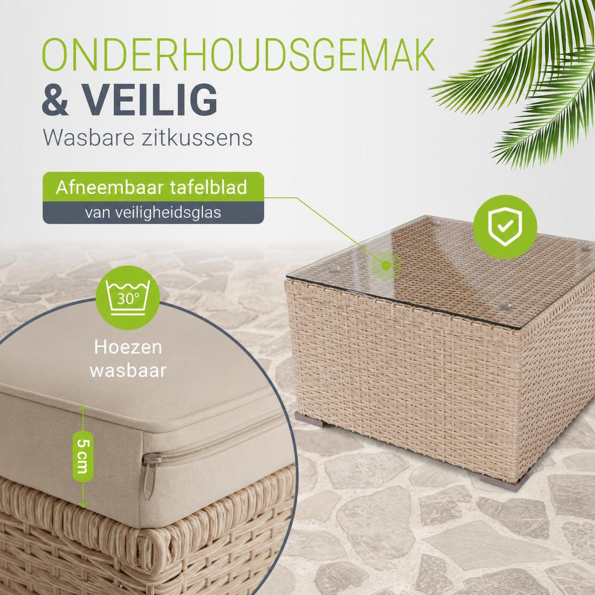 Wicker loungeset Punta Cana – 3 personen, bank met glazen tafel