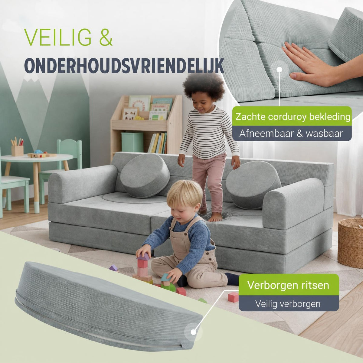 Speelbank Kayo van ribstof – modulair, met kussens, beige