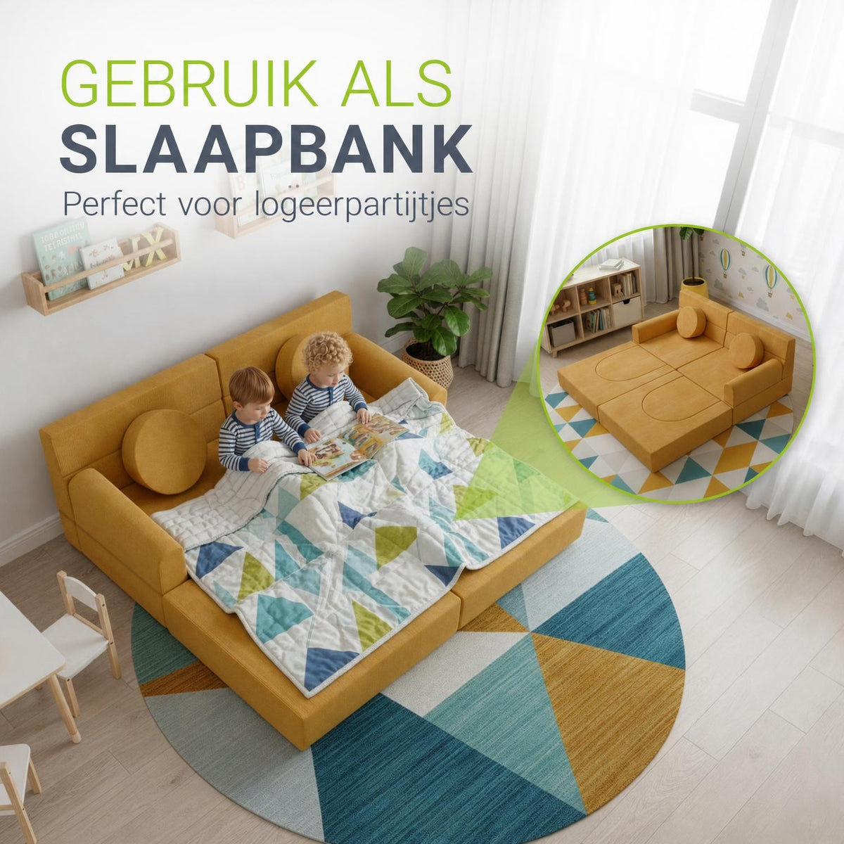 Speelbank Kayo van ribstof – modulair, met kussens, beige