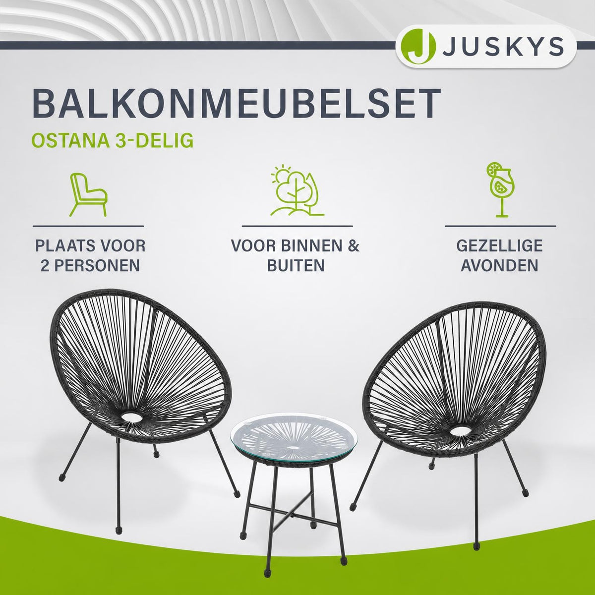 Balkonset Ostana – 3-delig, tafel en 2 loungestoelen