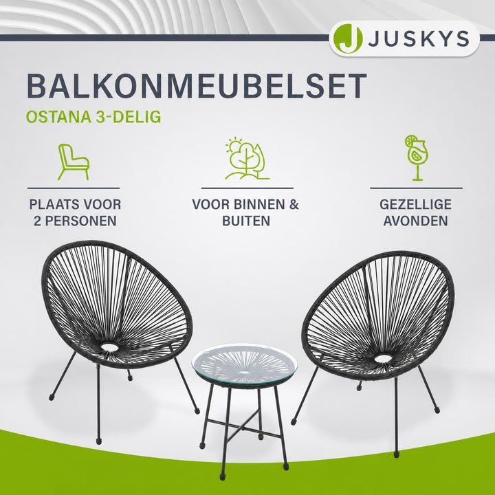 Balkonset Ostana – 3-delig, tafel en 2 loungestoelen