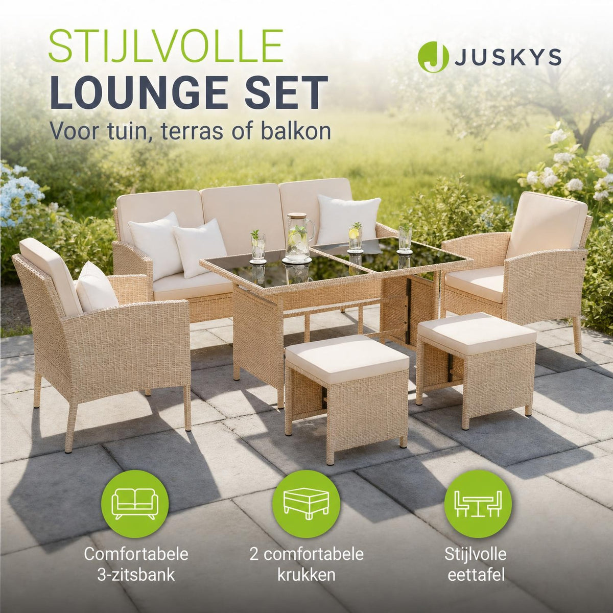 Wicker tuinset Turin – 6-delig voor 7 personen, incl. kussens