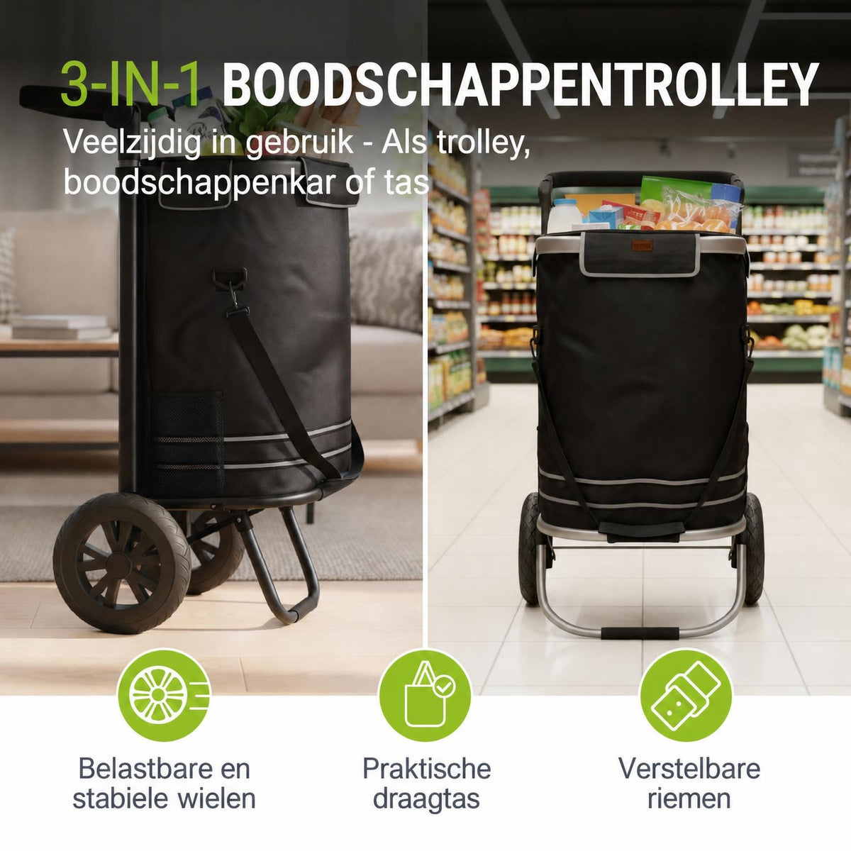 Boodschappentrolley 3-in-1 – 56 liter, draagvermogen 30 kg