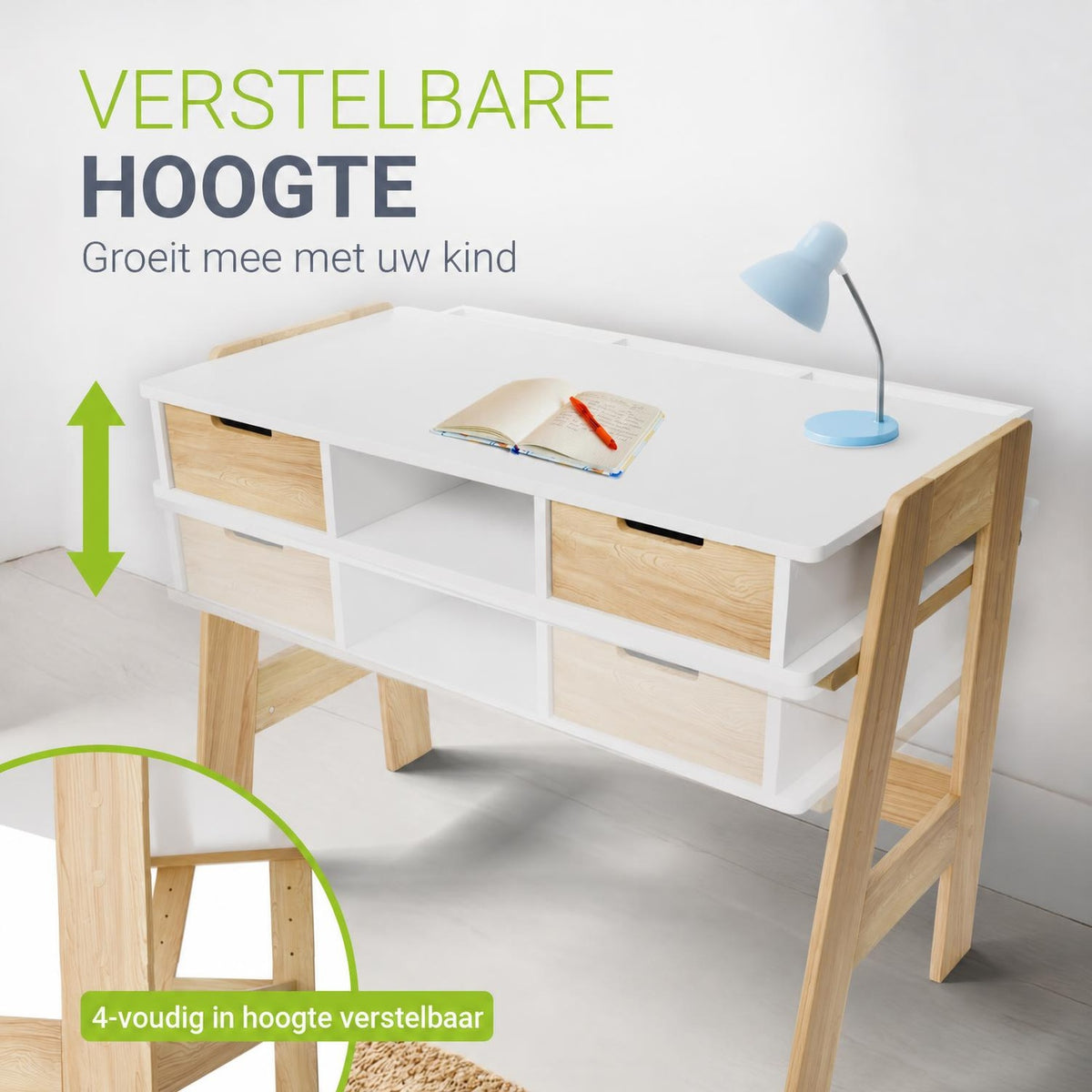 Kinderbureau Fietje – in hoogte verstelbaar, 2 lades, wit
