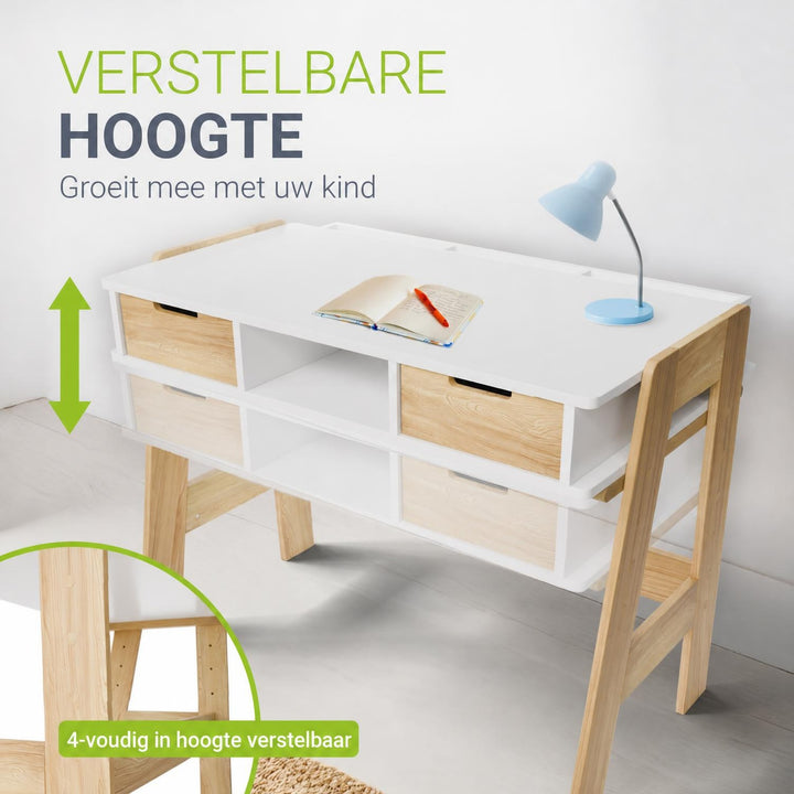Kinderbureau Fietje – in hoogte verstelbaar, 2 lades, wit