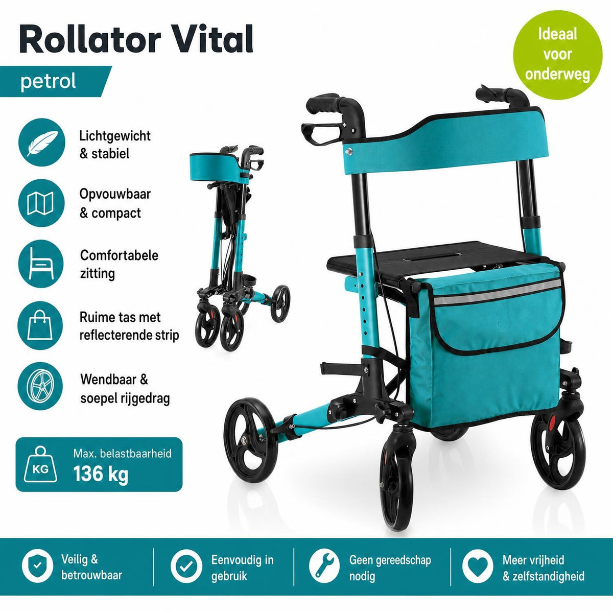 Rollator Vital van aluminium – inklapbaar, met zitje, tot 130 kg