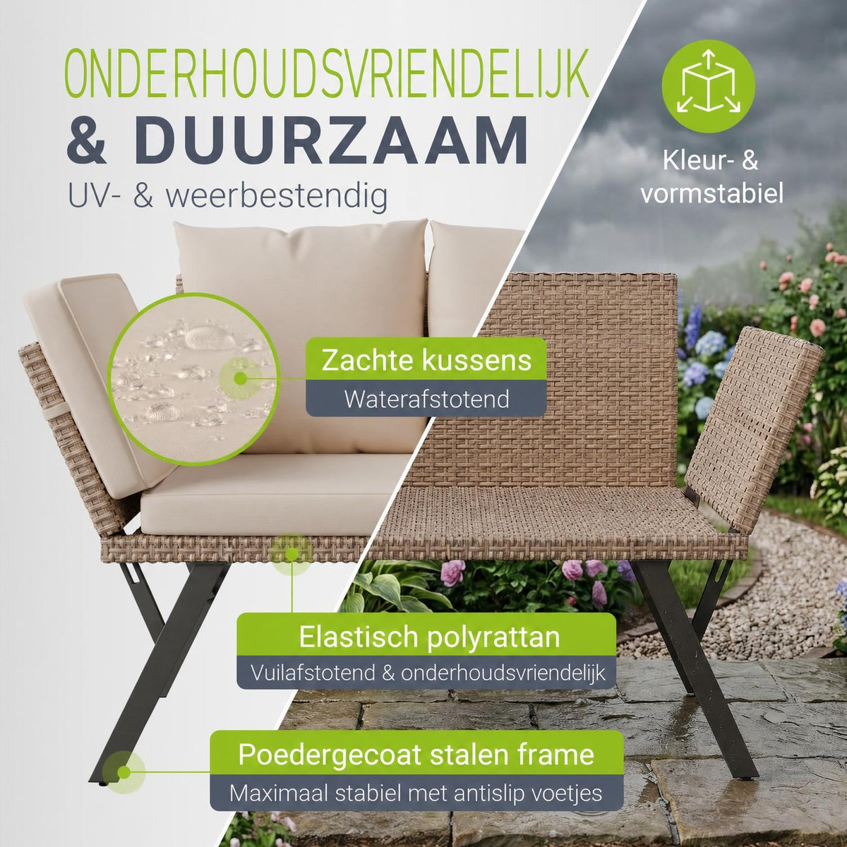 Wicker tuinbank Calvia – 2-in-1 bank en ligbed, 2-3 personen