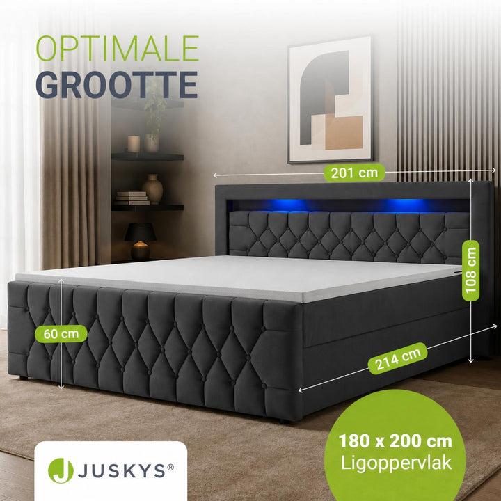 Boxspring Leona – fluweel, H4-binnenvering, topper en ledlicht