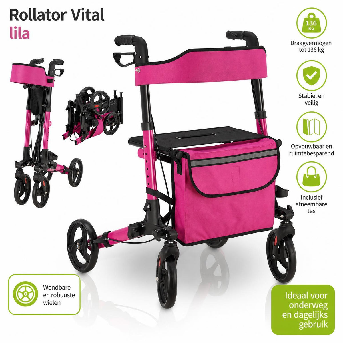 Rollator Vital van aluminium – inklapbaar, met zitje, tot 130 kg